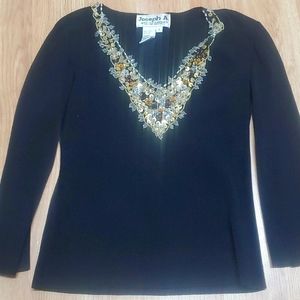 Joseph A. Black Gold Metallic Beaded Sequin V-neck Embellished 3/4 Sleeve Top M